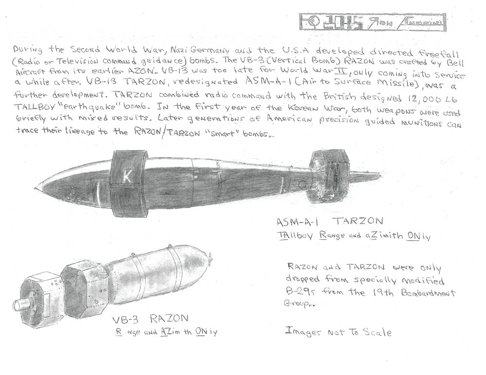 ASM-A-1 TARZON Tallboy Range and aZimith Only /VB-3 RAZONRange and AZim th Only RAZON and TARZON were only dropped from specially modified B-29’s from the 19th Bombardment Group